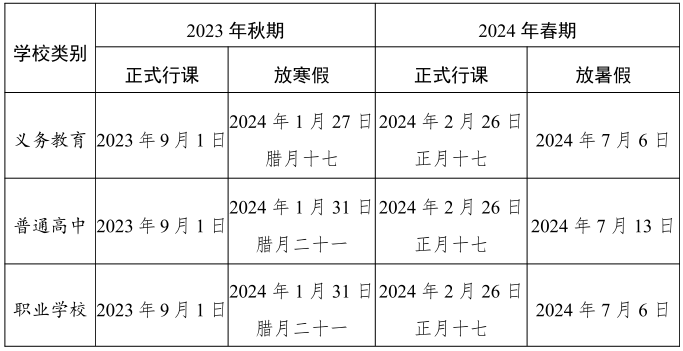 2024年宜宾中小学校历 寒暑假放假时间