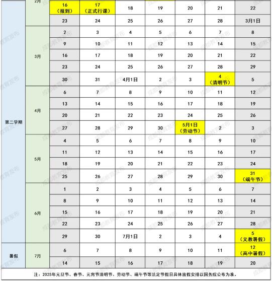 2024-2025成都中小学校历 寒暑假时间公布