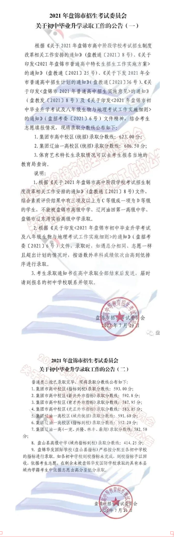 2021辽宁盘锦中考录取分数线公布